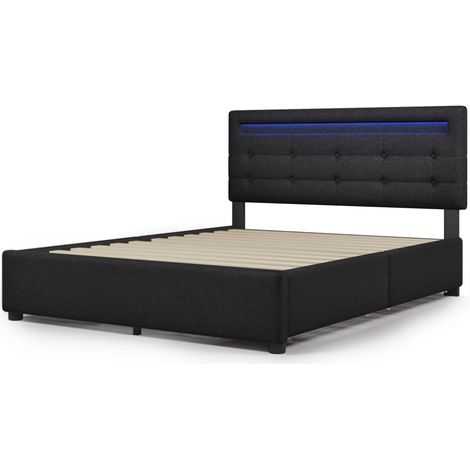 Cama tapizada 140x200 cm con LED, 4 cajones, colchón incluido, negra (1/5)
