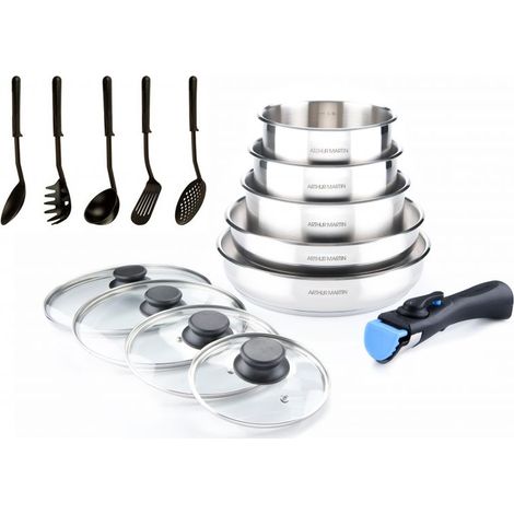 Batterie de cuisine inox 15 pièces – Acier inoxydable – Compatible tous feux, y compris induction – Casseroles et poêles empilables (1/5)