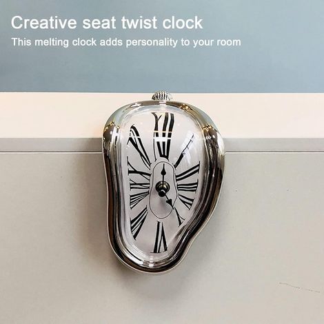Horloge fondante originale, horloge murale moderne et créative, horloge rétro torsadée effet fondu pour la décoration de la maison, de la cuisine ou du bureau (argent) (1/4)