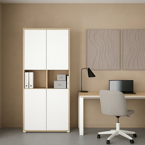 Dmora - Kommode Pierre, Wohnzimmerbuffet, Wohnzimmer-Sideboard, Moderne Küchen-Speisekammer, 80x34 h205 cm, Eiche und Weiß (1/5)
