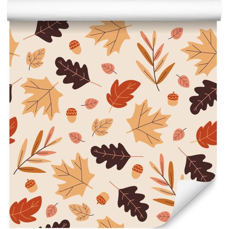 Papier peint Feuilles sèches Crème et Pêche pour salon et chambre 50x1000 cm (1/5)