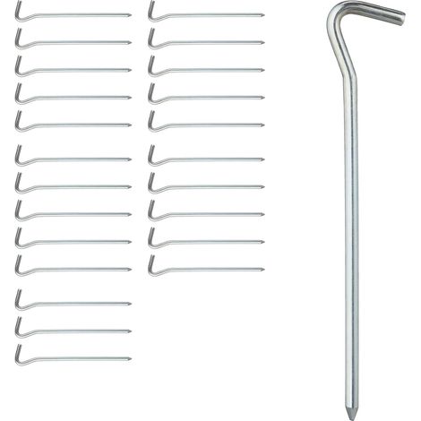 Relaxdays Tent Pegs Set of 24, Ground Anchor for Hard Soil, Camping, Iron, Rounded Hooks, Metal, Durable, 18cm, Silver