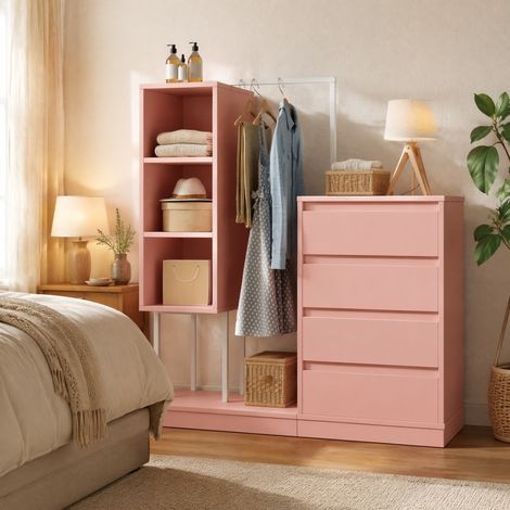 Armadio guardaroba con cassetti e barra appendiabiti, 140 x 40 x 135 cm, rosa e bianco HAVRYA (1/5)