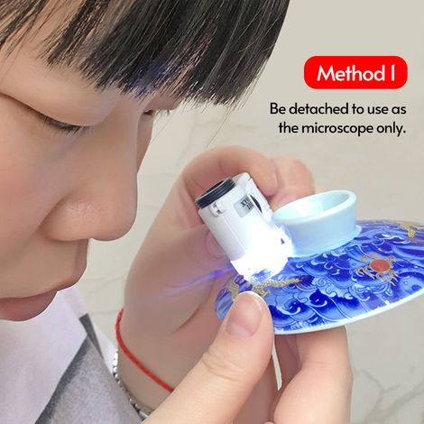 Microscope universel à pince avec loupe grossissante 100x, clip pour téléphone, lampe LED intégrée et détecteur de devises UV, compatible avec la plupart des smartphones. (1/2)
