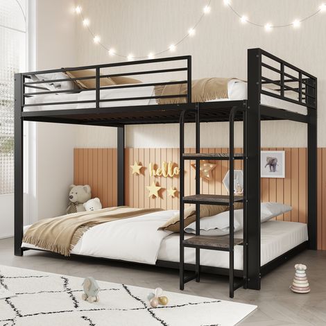 Lit superposé double en métal 140x200 cm avec escalier étagère à larges marches en bois, garde-corps, cadre robuste, pour enfants et adolescents, Noir (1/5)