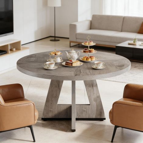 Tavolo da pranzo rotondo Ø 120 cm in legno ingegnerizzato, grigio, stile country DESVIAE (1/5)