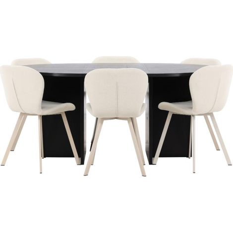 Strada Essgruppe Ausziehtisch Ø120cm, 170cm und 6 Stühle schwarz, beige.