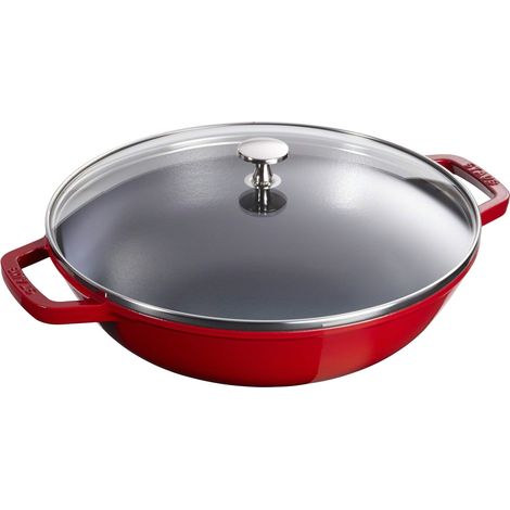 Wok en Fonte avec Couvercle en Verre et Grille Amovible Inclus, 30 cm, 4,40 L, Cerise (1/4)