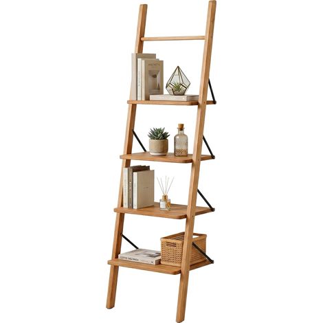 Relaxdays scaffale a scala in noce, 4 ripiani, bagno, cucina, soggiorno, da appoggiare, A×L×P: 180x44x35 cm, naturale (1/5)