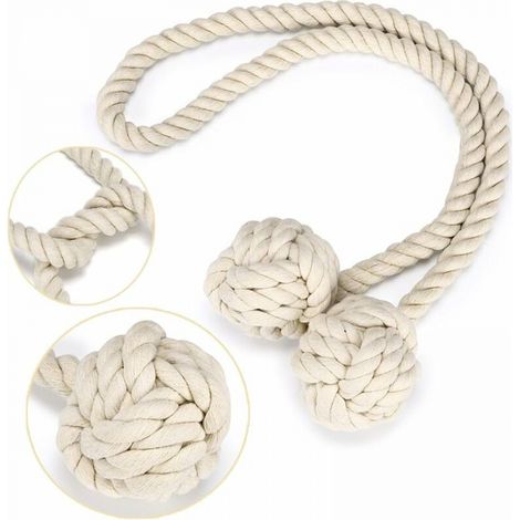 1 alzapaños para cortina con 2 bolas de algodón, hilo de algodón ecológico, estilo natural y sencillo, ideal para decorar sala de estar o dormitorio (beige) (1/5)