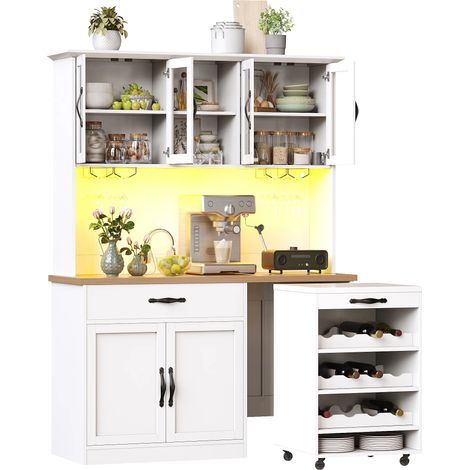 140cm Küchenschrank mit Rollwagen, Hochschrank mit LED-Beleuchtung, Pantryschrank mit Weinglasregal & Weinregal, Beleuchteter Sideboard Schrank für Wohnzimmer, Esszimmer,weiß
