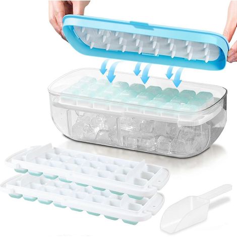 Bac à glaçons avec couvercle, moules en silicone alimentaire, démoulage instantané, réutilisable, 48 glaçons, bleu (1/5)