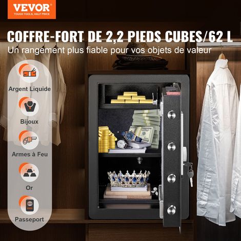 Coffre-Fort Biométrique à Empreintes Digitales 62 L Coffre-Fort Numérique Mot de Passe et Clés Coffre de Sécurité Mural en Acier Anti-Effraction 3 Types de Déverrouillage Argent Bijoux Domicile (1/5)