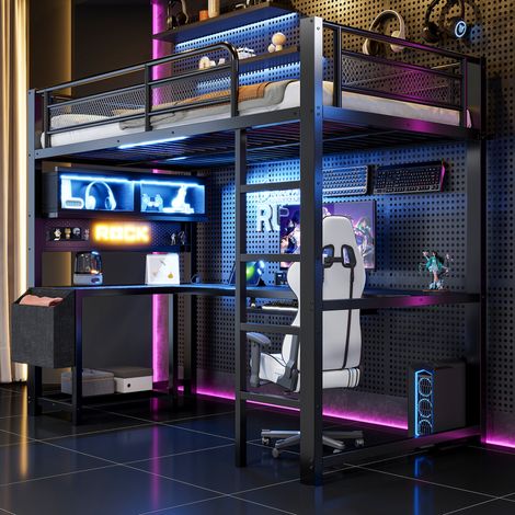 DESVIAE Lit mezzanine gaming 90 x 200 cm avec bureau rangement LED 7 couleurs prises USB noir (1/5)