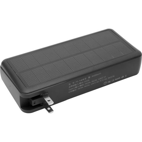 Batterie externe solaire portable ABS 30 000 mAh avec chargeur lumineux LED blanc pour le camping et les activités de plein air (prise US 110-240 V, noir) (1/5)