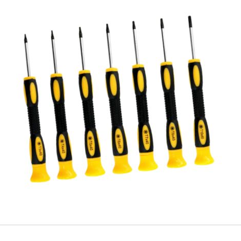 Jeu de tournevis de précision avec 7 manches noirs et jaunes pour la réparation électronique, compatible avec les manettes Xbox 360 et Nintendo, embout olive T7 (1/5)