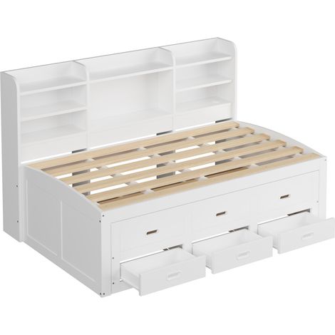 Cama tipo banqueta 90 x 200 cm con LED, 3 cajones, USB Type-C, blanco, MODENUIT (1/5)