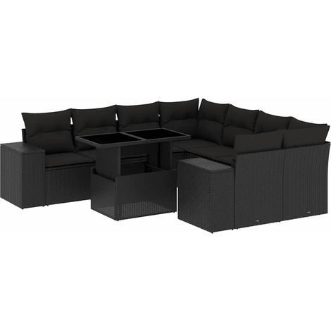 Maison Exclusive - Salon de jardin 9 pcs avec coussins noir résine tressée (1/5)