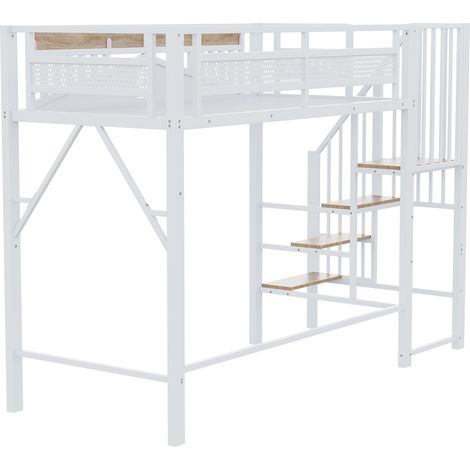Cama alta metálica 90 x 200 cm blanca con escalera de seguridad y ventana (1/5)
