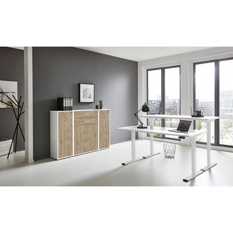 BMG Möbel Büromöbel-Set, e-Office Edition Set 16, Schreibtisch höhenverstellbar, 138 cm, weiß/ Gold Harbor Oak