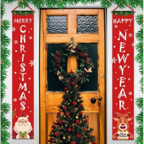 Bannière de Noël, 2 Pcs Bienvenue Joyeux Noël Porche Signe Bannière Porte, Décor De Noël Rouge Bannières Suspendues (1/4)