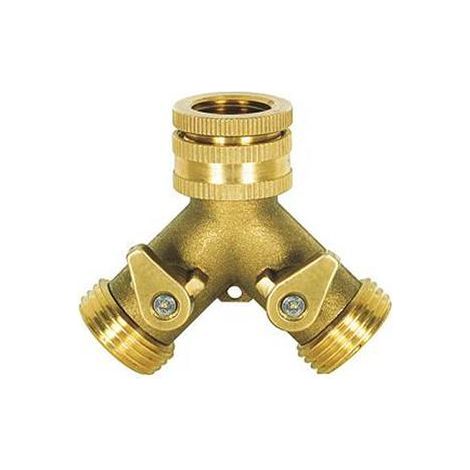 Nez de robinet laiton double circuit 20x27 mm - Raccord pour tuyau d'arrosage, vanne d'arrêt, résiste à la corrosion, pour jardin et extérieur. (1/5)