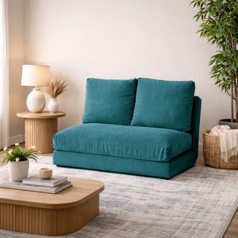 Schlafsofa Japandi 2-Sitzer aus benzinblauem Stoff – niedrige