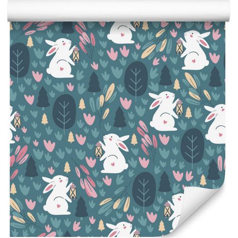 Papier peint à motifs de lapins sur fond vert pour le salon et la chambre, 50 x 1000 cm (1/5)