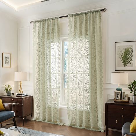 Rideaux en dentelle gris vert de 213,4 cm de long, rideaux transparents floraux victoriens pour salon, chambre à coucher, tringle à rideau filtrant la lampe de poche, rideaux vintage, ensemble 1 pièce (1/5)