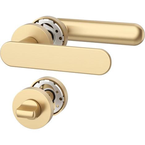 Poignée de porte intérieure laiton brossé avec rosace ronde, ensemble béquille WC avec condamnation, design classique pour salle de bain et toilettes UK0101 (1/5)