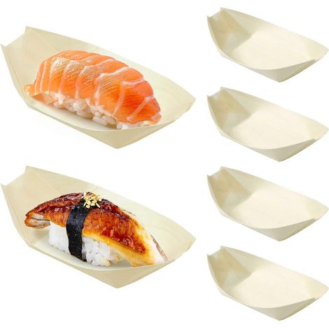 100 barquettes à sushis en bois, plateaux à desserts, assiettes à sushis jetables, plateaux de service pour traiteurs (1/5)