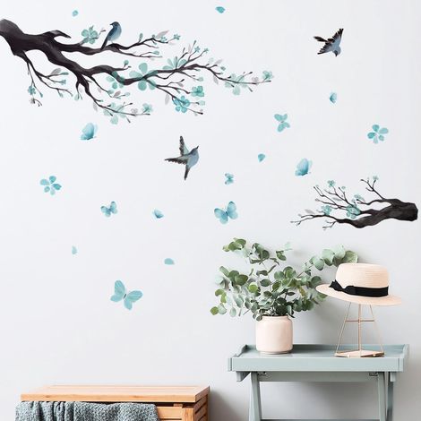 Stickers muraux branches de fleurs, fleurs bleues, arbre, oiseaux, décoration murale pour chambre d'enfant ou salon (1/4)