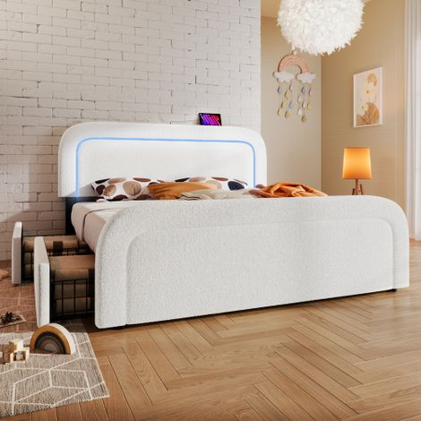 Cadre de lit avec port de charge USB Type-C, éclairage LED et deux tiroirs — Lit simple rembourré (90x200 cm), doté d'une tête de lit réglable en hauteur et d'un sommier à lattes en bois (Matelas non  (1/5)