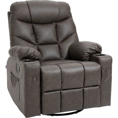 Manual Reclining Chair, Recliner Armchair with Faux Leather, Footrest, Cup Holders, 86x93x102cm, Brown