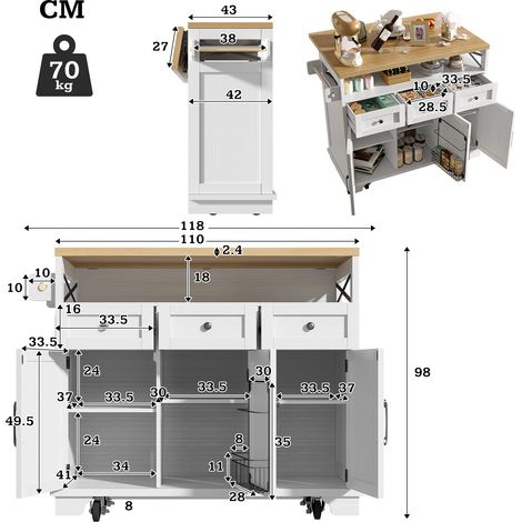 Îlot de cuisine moderne 118×43×98cm sur roulettes, desserte imitation bois, rangement multifonction, séparateurs amovibles, porte-serviettes, blanc (1/5)
