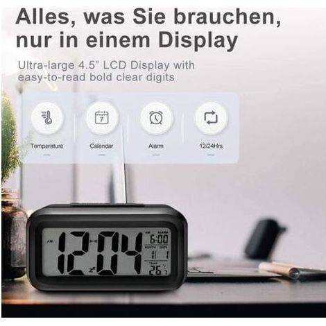 Digital Alarm Clock, LED Digital Clock with Temperature Display, Portable Mirror Alarm with 2 Alarms, Battery Operated, Light Control (1/5)