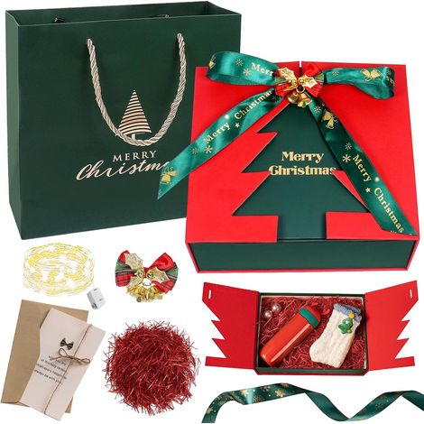 Boîtes Cadeaux de Noël avec Couvercle, 20 x 18 x 8 cm, LED Boîte Cadeau avec Carte de Vœux et Raphia, Grande Boite Cadeau Vide pour Emballage Cadeaux, Fournitures de Fête de Noël (1/5)