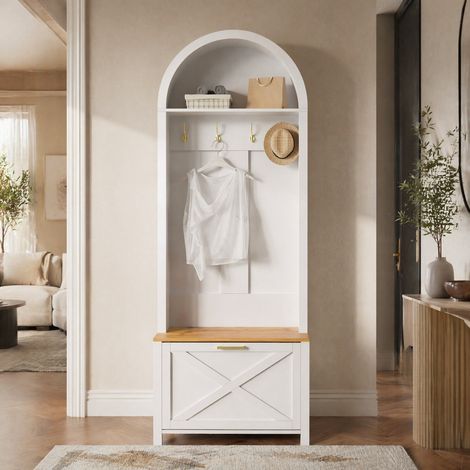 Perchero recibidor con zapatero, balda y ganchos, 195x75x35 cm, MDF, blanco y madera (1/5)