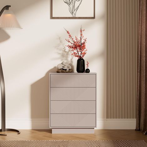 UEV Commode à 4 Tiroirs, Surface Motif Spécial Gravure avec Une Touche Soyeuse, Grand Espace Rangement, Tiroir à Ouverture par Poussée, pour Salon, Chambre, 60 x 33,5 x 77,5 cm, Cachemire