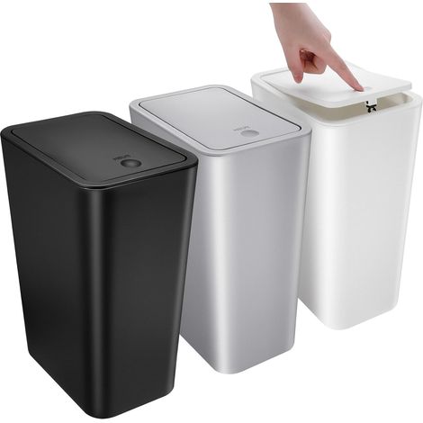 Lot de 3 petites poubelles de salle de bain avec couvercle - Poubelle fine de 10 l - Poubelle en plastique pour cuisine/chambre/bureau/dortoir, s'adapte sous l'évier/bureau/armoire (noir et blanc et (1/5)