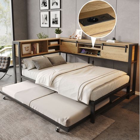Lit gigogne 120x200 cm métal noir, rangement intégré, pour petit espace sans matelas – MEUBLIV (1/5)