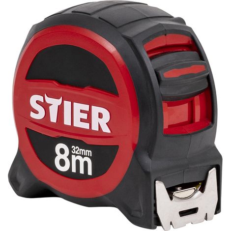 STIER Premium Taschenbandmaß, 8 m x 32 mm, mit Magnet und Edelstahlhaken für sicheren Halt, mit Gürtelclip