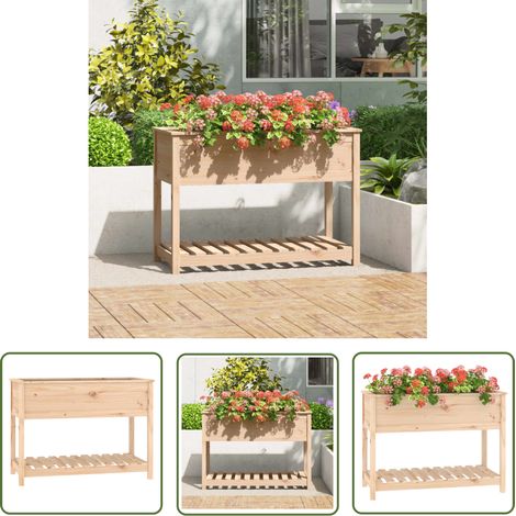 The Living Store Jardinière avec étagère 111,5x54x81 cm Bois massif de pin - Jardinière En Bois - Jardin Vertical - Potager Surélevée - Bac À Fleurs - Rangement Extérieur (1/5)