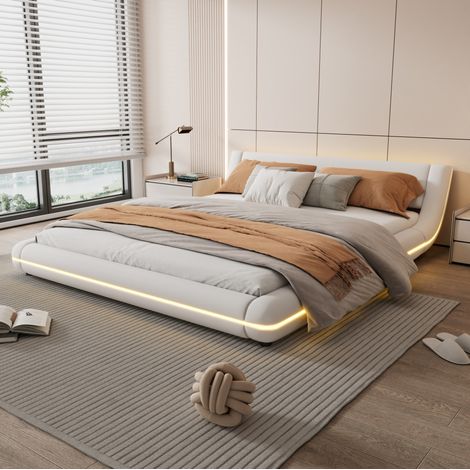 Letto adulto 160x200 cm con telecomando, illuminazione LED e rete a doghe, bianco, materasso non incluso (1/5)
