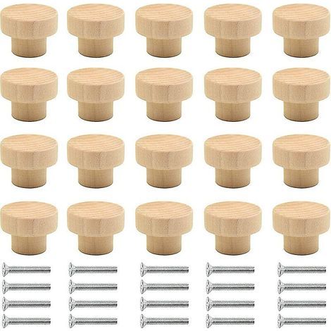 Lot de 20 poignées de meuble en bois, boutons ronds en bois naturel, boutons de porte et de tiroir, adaptés aux tiroirs de meubles, armoires et penderies. (1/5)