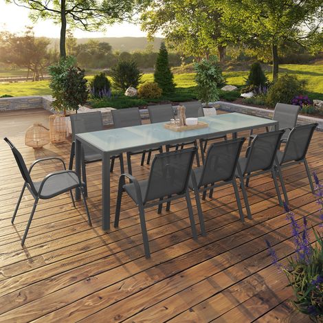 Conjunto de muebles de jardín MADRID mesa 240 CM y 10 sillas apilables gris antracita tablero claro