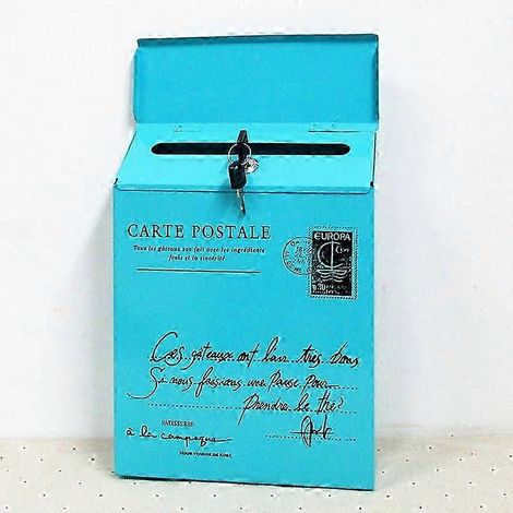 Boîte aux lettres murale vintage en fer forgé (plusieurs couleurs disponibles) - Petites lettres bleues (1/4)