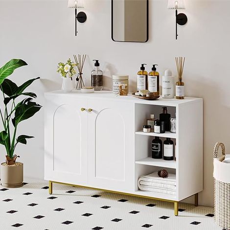 Meuble de Salle de Bain - Hzuaneri - Étagère de Rangement - 2 Portes - Compartiment Ouvert - Blanc