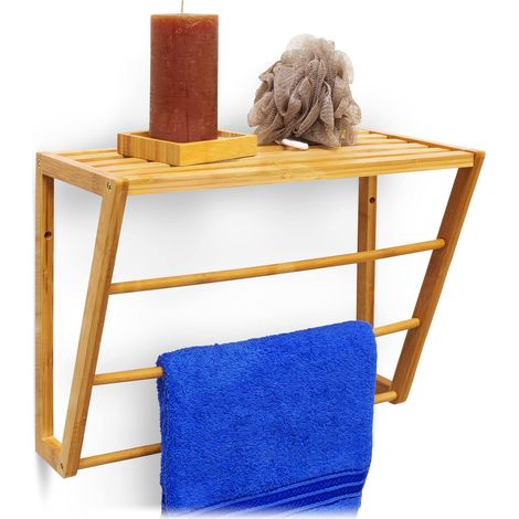 Porte-serviettes mural en bambou rangement étagère murale bois salle de bain HxLxP 30 x 42 x 20 cm 3 barres serviettes, nature (1/5)