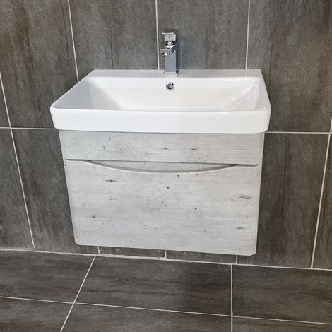 Wall Hung Vanity Unit Light Grey Concrete 1 Drawer with Ceramic Sink Basin 600mm (1/4)